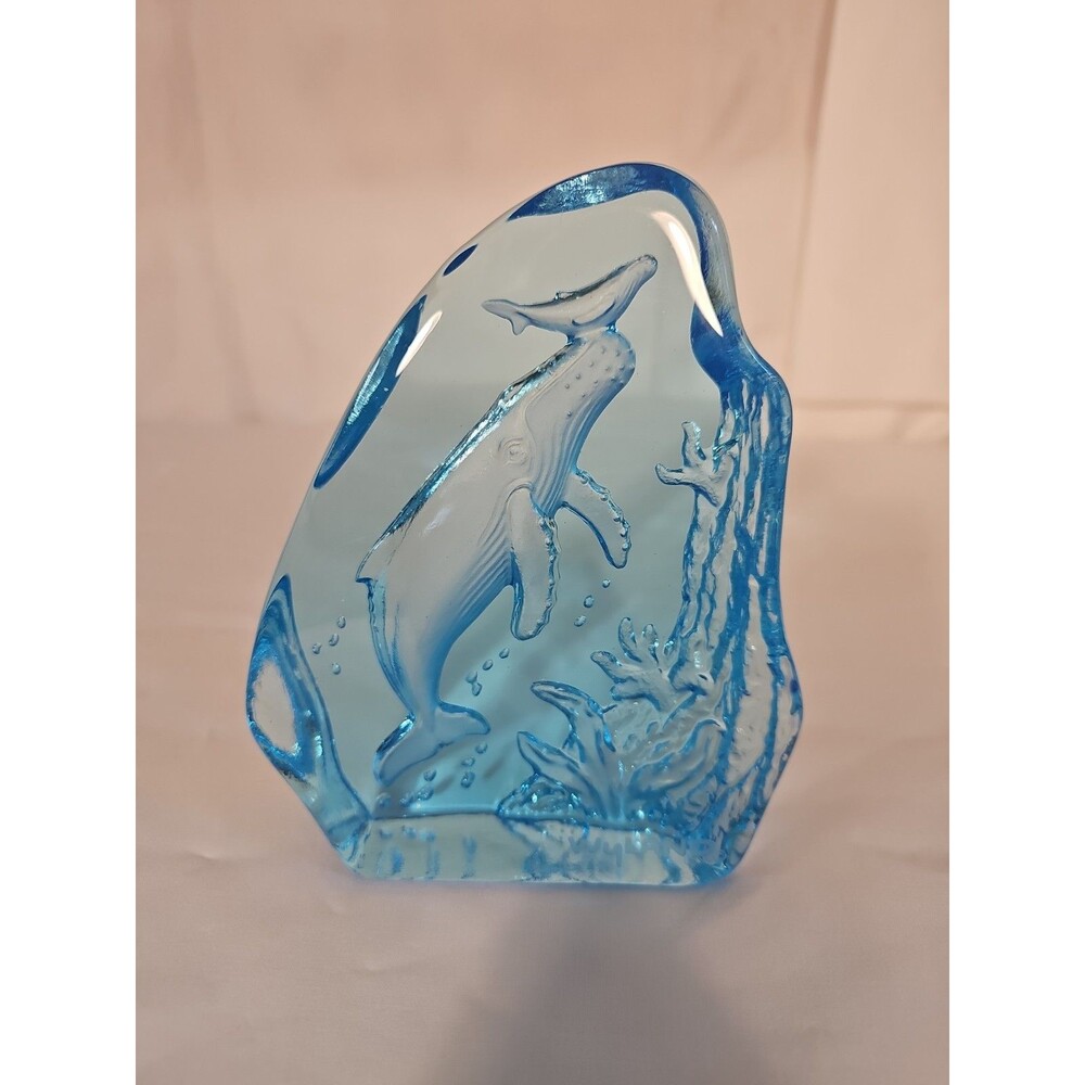 Wyland 2002 Humpback Whale and Calf Blue Glass Sculpture